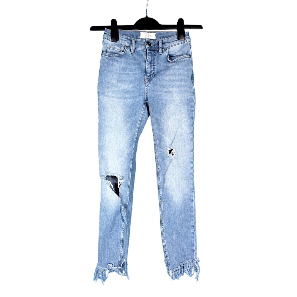 WE THE FREE People BLUE Denim GREAT HEIGHTS SKINNY Destroyed FRAYED HEM Jeans 26